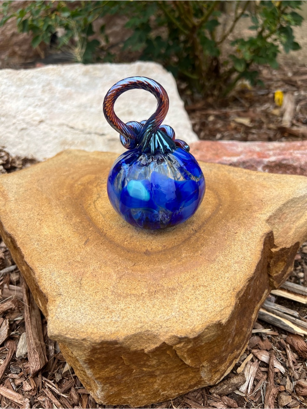 Handblown Blue Glass Pumpkin Halloween Thanksgiving Autumn - Picture 4 of 12